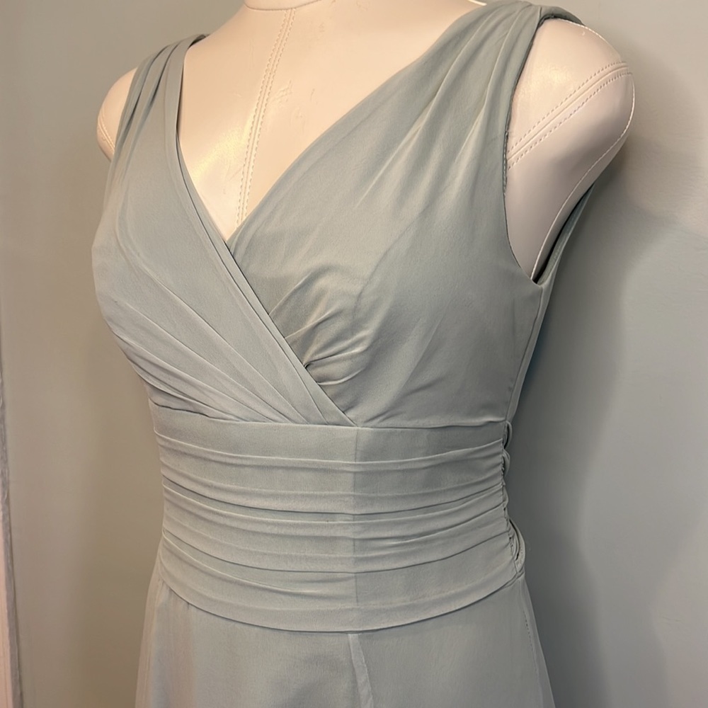 ✨HOST PICK✨David’s Bridal Dusty Sage Long Chiffon Surplice Tank Bridesmaid Dress - Picture 6 of 11